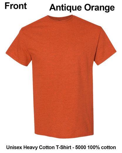 A front view of a short-sleeve crewneck t-shirt in a heathered antique orange color, shown on a plain white background with text overlays indicating the color and material details. custom t-shirt print