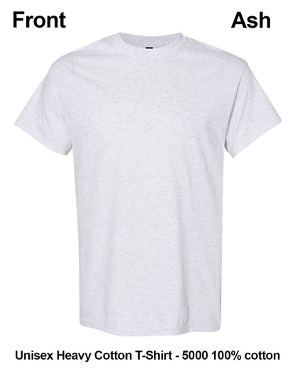 A light ash gray heather short-sleeve crewneck t-shirt shown from the front on a white background, with text labels 'Front' and 'Ash' at the top and 'Unisex Heavy Cotton T-Shirt - 5000 100% cotton' at the bottom. custom t-shirt print