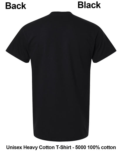 Black short-sleeve T-shirt shown from the back on a white background, with text labels reading 'Back' and 'Black' at the top and 'Unisex Heavy Cotton T-Shirt - 5000 100% cotton' at the bottom. custom t-shirt print