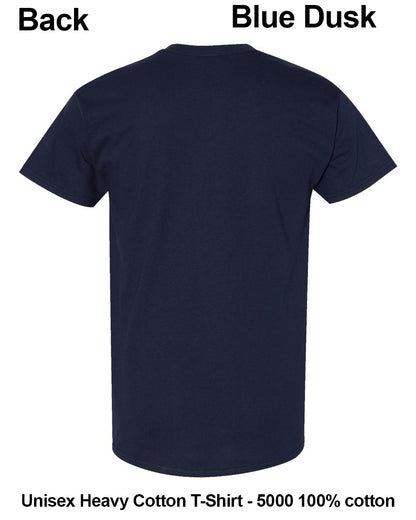 Back view of a navy blue short-sleeve cotton T-shirt on a white background, with text reading 'Back', 'Blue Dusk', and 'Unisex Heavy Cotton T-Shirt - 5000 100% cotton'. custom t-shirt print