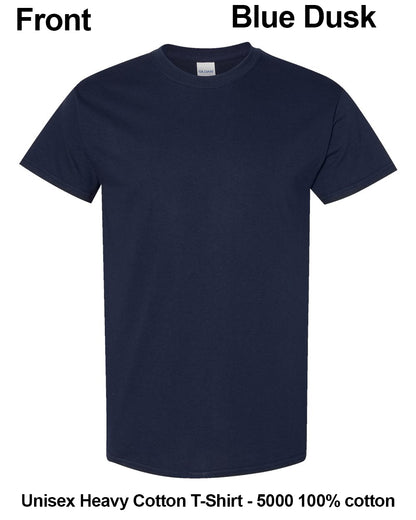 A navy blue short-sleeve crewneck t-shirt shown from the front on a white background, with text labels indicating 'Front', 'Blue Dusk', and 'Unisex Heavy Cotton T-Shirt - 5000 100% cotton'. custom t-shirt print