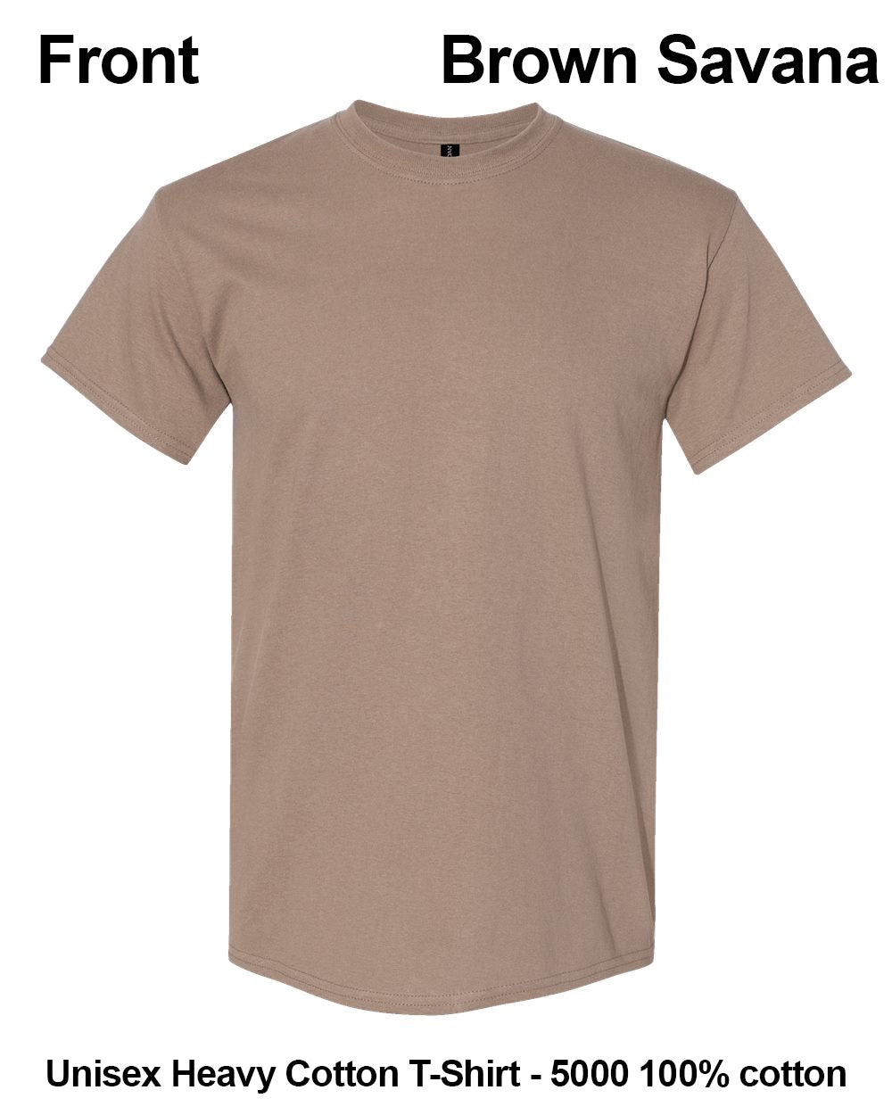 A plain short-sleeve crewneck t-shirt in a warm brownish-tan color, labeled 'Brown Savana' with text indicating it is a unisex heavy cotton t-shirt made of 100% cotton. custom t-shirt print