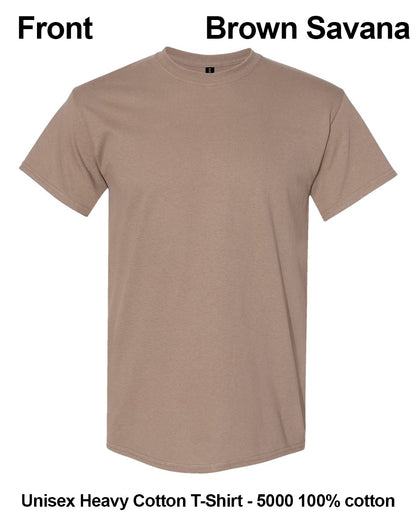 A plain short-sleeve crewneck t-shirt in a warm brownish-tan color, labeled 'Brown Savana' with text indicating it is a unisex heavy cotton t-shirt made of 100% cotton. custom t-shirt print