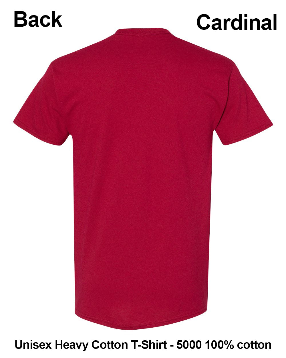 A red short-sleeve t-shirt shown from the back on a white background, with text labels reading 'Back' and 'Cardinal' and additional text at the bottom stating 'Unisex Heavy Cotton T-Shirt - 5000 100% cotton'. custom t-shirt print