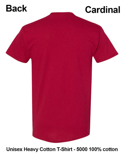 A red short-sleeve t-shirt shown from the back on a white background, with text labels reading 'Back' and 'Cardinal' and additional text at the bottom stating 'Unisex Heavy Cotton T-Shirt - 5000 100% cotton'. custom t-shirt print