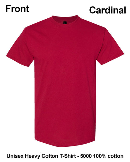 A red short-sleeve crewneck t-shirt shown from the front on a white background, with text labels reading 'Front' and 'Cardinal' and additional text at the bottom stating 'Unisex Heavy Cotton T-Shirt - 5000 100% cotton'. custom t-shirt print
