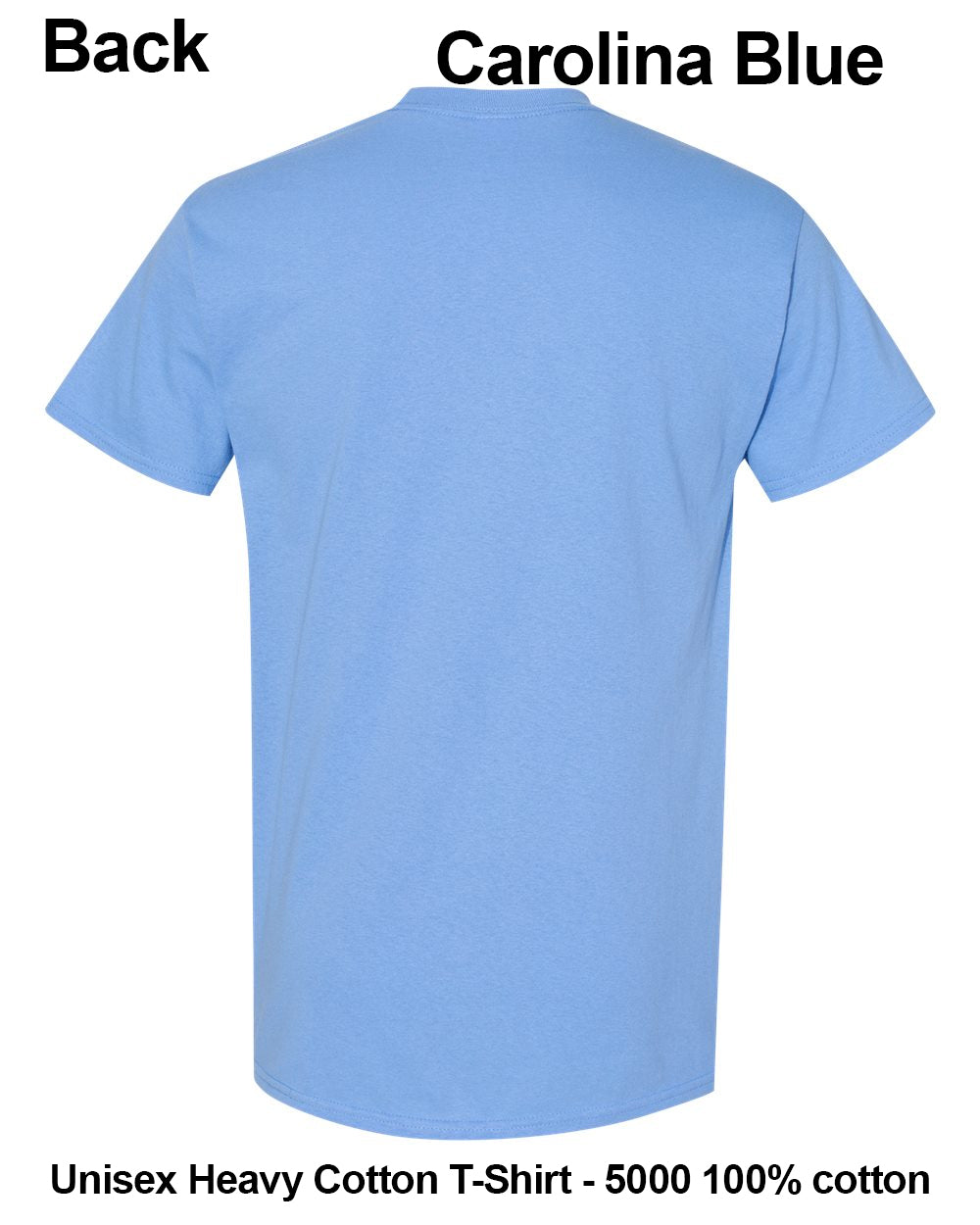Back view of a light blue short-sleeve T-shirt on a white background, with text reading 'Back Carolina Blue' and 'Unisex Heavy Cotton T-Shirt - 5000 100% cotton'. custom t-shirt print