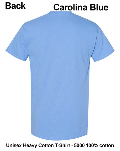 Back view of a light blue short-sleeve T-shirt on a white background, with text reading 'Back Carolina Blue' and 'Unisex Heavy Cotton T-Shirt - 5000 100% cotton'. custom t-shirt print
