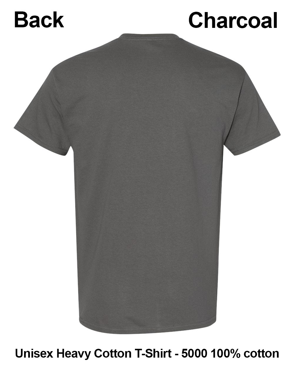 Back view of a charcoal gray short-sleeve cotton t-shirt on a white background, with text labels 'Back' and 'Charcoal' and product details at the bottom. custom t-shirt print