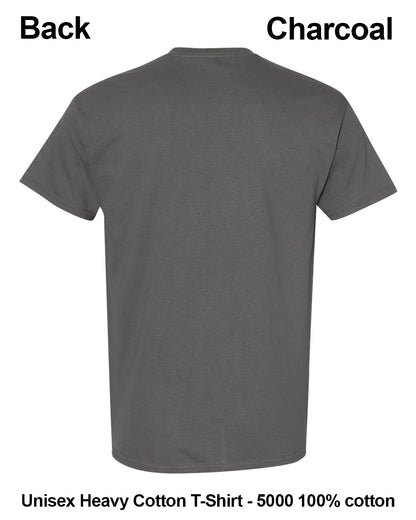 Back view of a charcoal gray short-sleeve cotton t-shirt on a white background, with text labels 'Back' and 'Charcoal' and product details at the bottom. custom t-shirt print