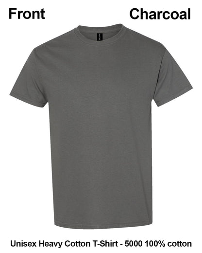 A charcoal gray short-sleeve crewneck t-shirt shown from the front on a white background, with text labels reading 'Front', 'Charcoal', and 'Unisex Heavy Cotton T-Shirt - 5000 100% cotton'. custom t-shirt print