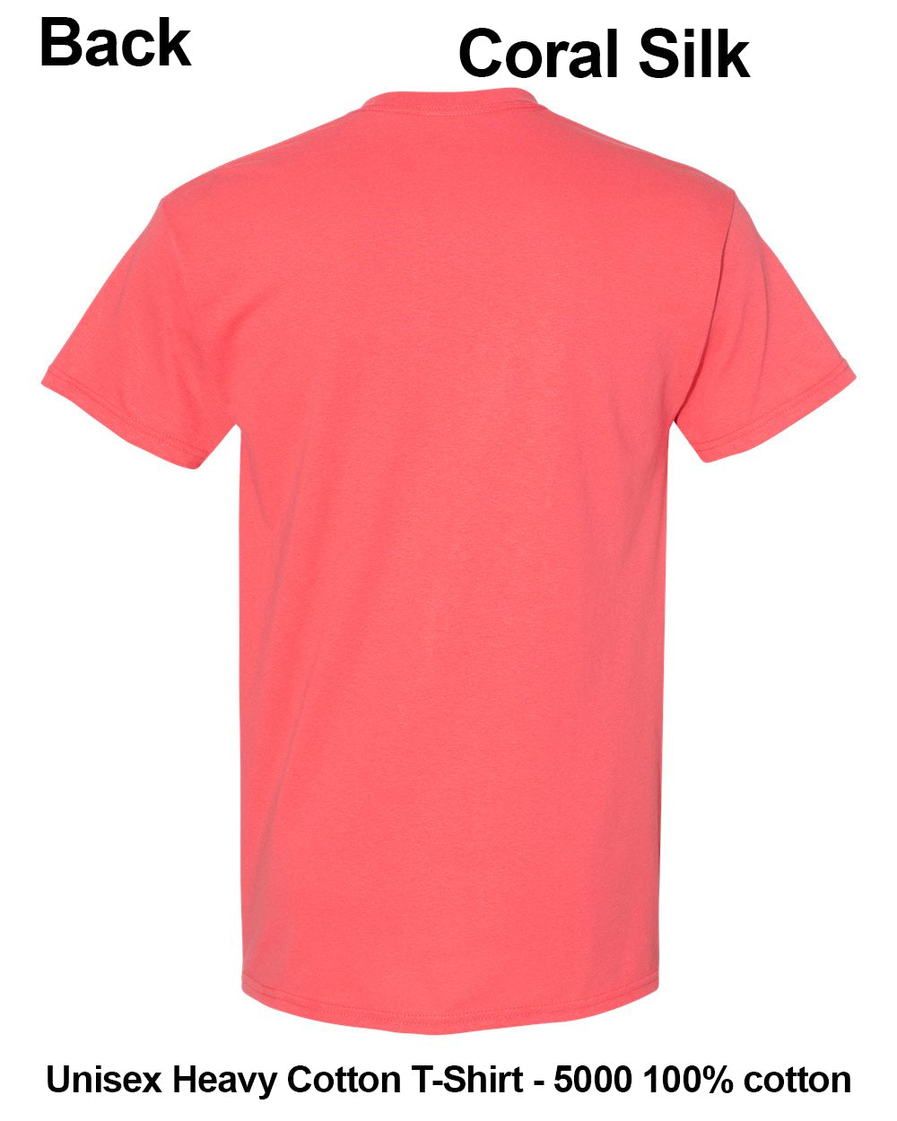 A coral pink short-sleeve t-shirt shown from the back on a white background, with text labels reading 'Back' and 'Coral Silk' and additional text at the bottom describing the fabric. custom t-shirt print