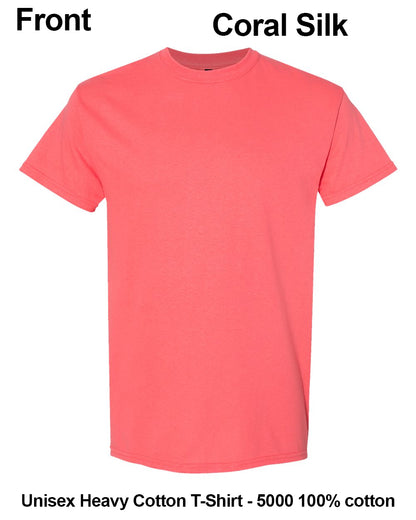 A coral pink short-sleeve crewneck t-shirt shown flat against a white background, with text labels reading 'Front' and 'Coral Silk' at the top and 'Unisex Heavy Cotton T-Shirt - 5000 100% cotton' at the bottom. custom t-shirt print