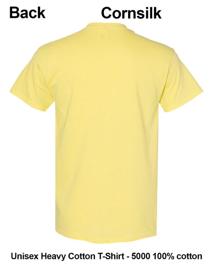 A light yellow short-sleeve t-shirt shown from the back on a white background, with text labels reading 'Back' and 'Cornsilk' at the top and 'Unisex Heavy Cotton T-Shirt - 5000 100% cotton' at the bottom. custom t-shirt print