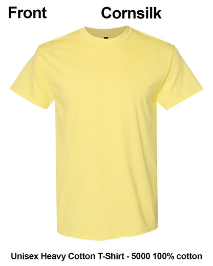 A light yellow short-sleeve crewneck t-shirt shown from the front on a white background, with text labels reading 'Front' and 'Cornsilk' at the top and 'Unisex Heavy Cotton T-Shirt - 5000 100% cotton' at the bottom. custom t-shirt print