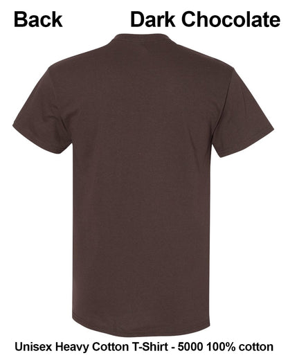 Back view of a dark chocolate brown short-sleeve cotton t-shirt on a white background, with text labels 'Back' and 'Dark Chocolate' at the top and 'Unisex Heavy Cotton T-Shirt - 5000 100% cotton' at the bottom. custom t-shirt print