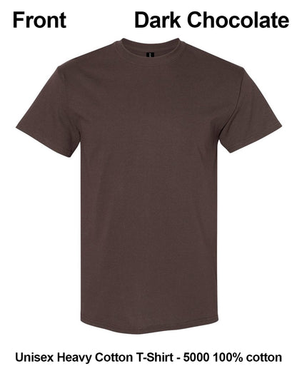 A dark chocolate brown short-sleeve crewneck t-shirt shown from the front on a white background, with text labels indicating 'Front', 'Dark Chocolate', and 'Unisex Heavy Cotton T-Shirt - 5000 100% cotton'. custom t-shirt print