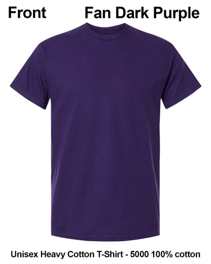 A dark purple short-sleeve crewneck t-shirt shown from the front on a white background, with text labels reading 'Front' and 'Fan Dark Purple' at the top and 'Unisex Heavy Cotton T-Shirt - 5000 100% cotton' at the bottom. custom t-shirt print