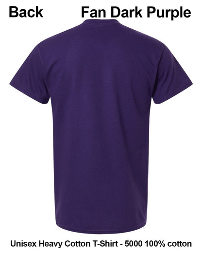 Back view of a dark purple short-sleeve T-shirt on a white background, with text reading 'Back Fan Dark Purple' and 'Unisex Heavy Cotton T-Shirt - 5000 100% cotton'. custom t-shirt print