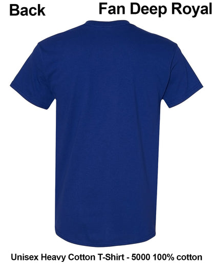 Back view of a royal blue short-sleeve T-shirt on a white background, with text labels reading 'Back' and 'Fan Deep Royal' at the top and 'Unisex Heavy Cotton T-Shirt - 5000 100% cotton' at the bottom.