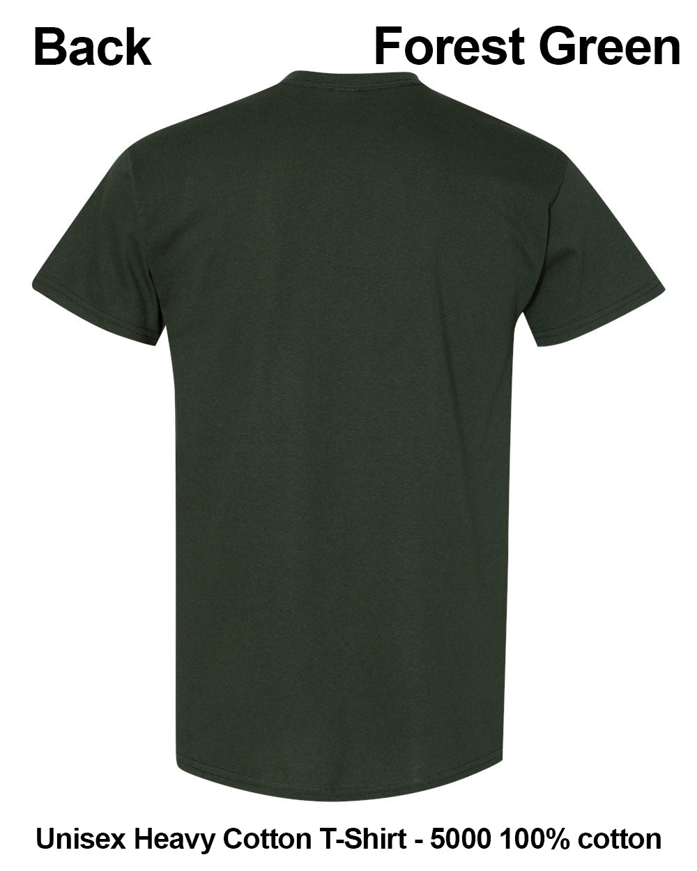 A dark forest green short-sleeve T-shirt shown from the back on a white background, with text labels reading 'Back' and 'Forest Green' at the top and 'Unisex Heavy Cotton T-Shirt - 5000 100% cotton' at the bottom. custom t-shirt print