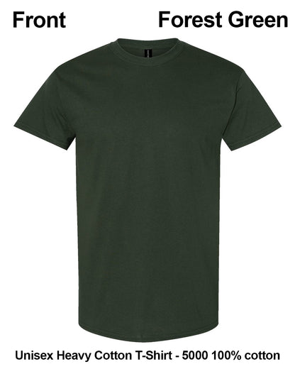 A forest green short-sleeve crewneck t-shirt shown from the front on a plain white background, with text labels indicating 'Front', 'Forest Green', and 'Unisex Heavy Cotton T-Shirt - 5000 100% cotton'. custom t-shirt print