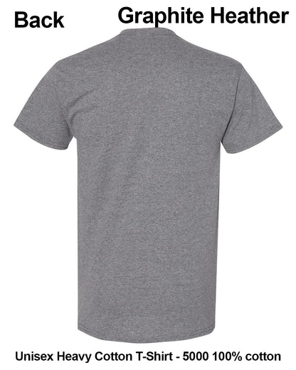 Back view of a heather gray short-sleeve t-shirt on a white background, with text labels reading 'Back', 'Graphite Heather', and 'Unisex Heavy Cotton T-Shirt - 5000 100% cotton'. custom t-shirt print