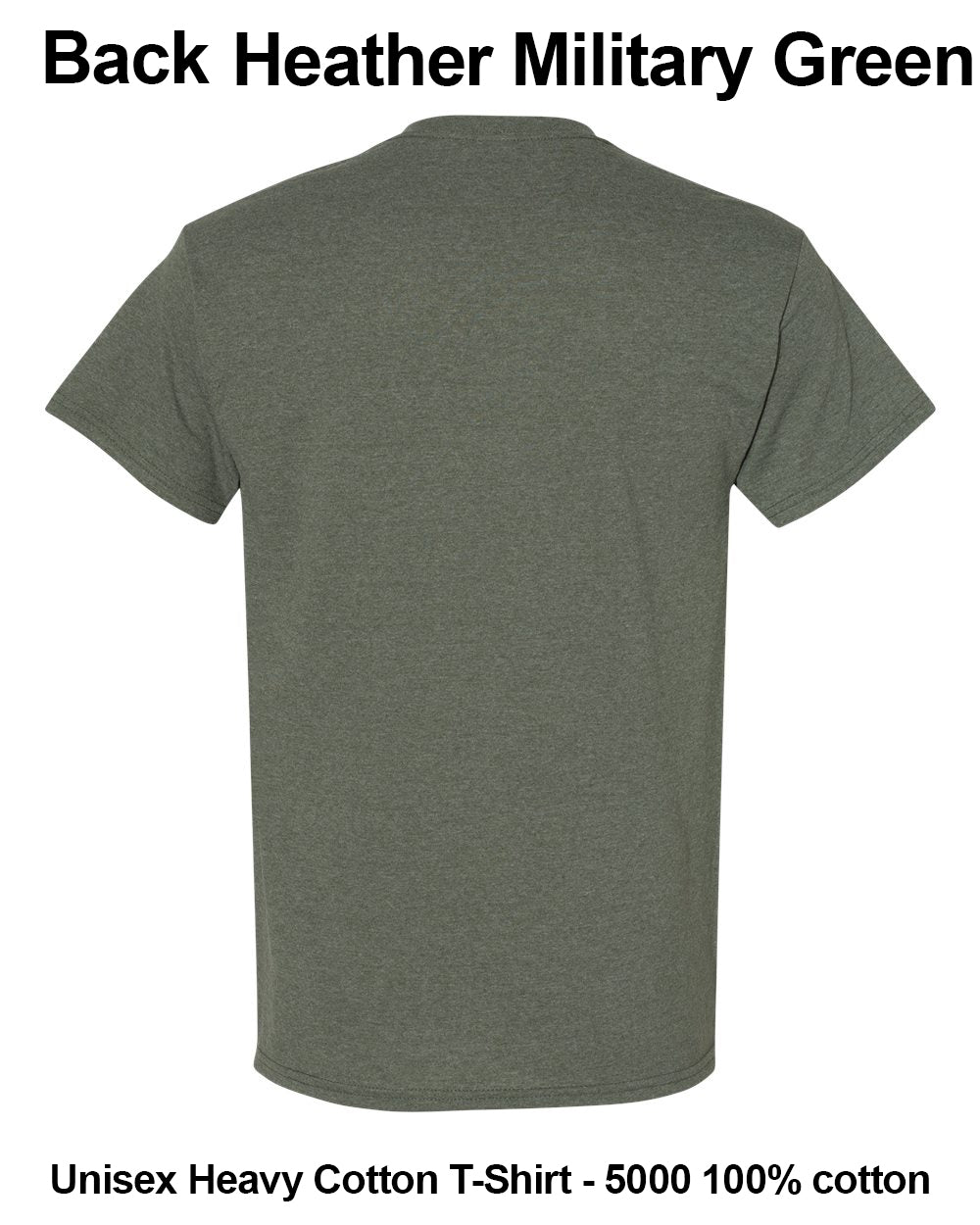 Back view of a heather military green short-sleeve t-shirt on a white background, with text overlays reading 'Back Heather Military Green' and 'Unisex Heavy Cotton T-Shirt - 5000 100% cotton'. custom t-shirt print