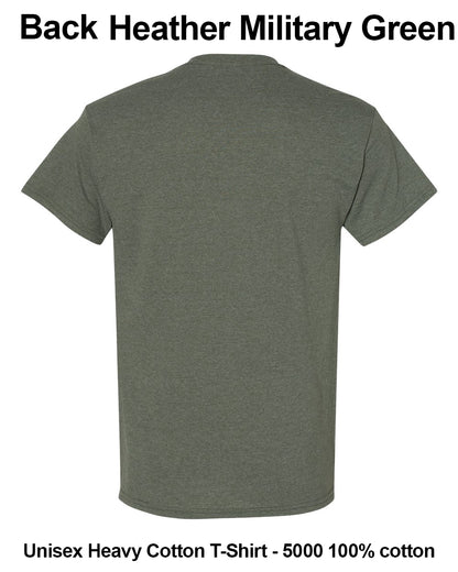 Back view of a heather military green short-sleeve t-shirt on a white background, with text overlays reading 'Back Heather Military Green' and 'Unisex Heavy Cotton T-Shirt - 5000 100% cotton'. custom t-shirt print