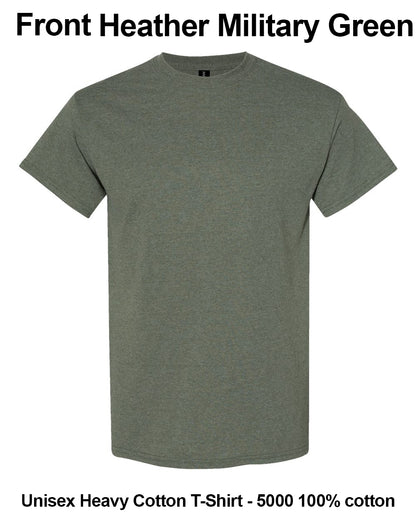 A plain short-sleeve crewneck t-shirt in heather military green, shown against a white background with text overlays describing the product as 'Front Heather Military Green' and 'Unisex Heavy Cotton T-Shirt - 5000 100% cotton'. custom t-shirt print