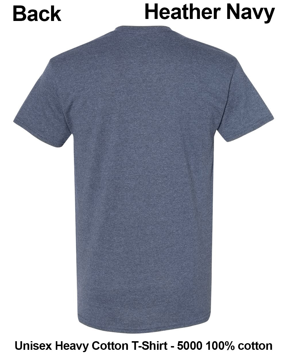 Back view of a heather navy blue short-sleeve cotton t-shirt on a white background, with text labels 'Back' and 'Heather Navy' at the top and 'Unisex Heavy Cotton T-Shirt - 5000 100% cotton' at the bottom. custom t-shirt print