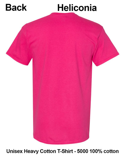 A bright pink short-sleeve t-shirt shown from the back on a white background, with text labels reading 'Back' and 'Heliconia' at the top and 'Unisex Heavy Cotton T-Shirt - 5000 100% cotton' at the bottom. custom t-shirt print