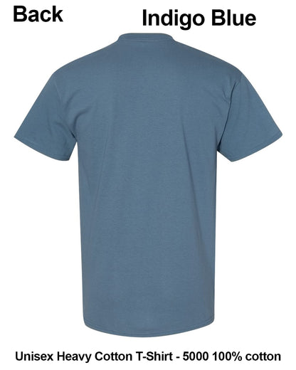 Back view of a short-sleeve indigo blue t-shirt on a white background, with text labels 'Back' and 'Indigo Blue' at the top and product details at the bottom. custom t-shirt print