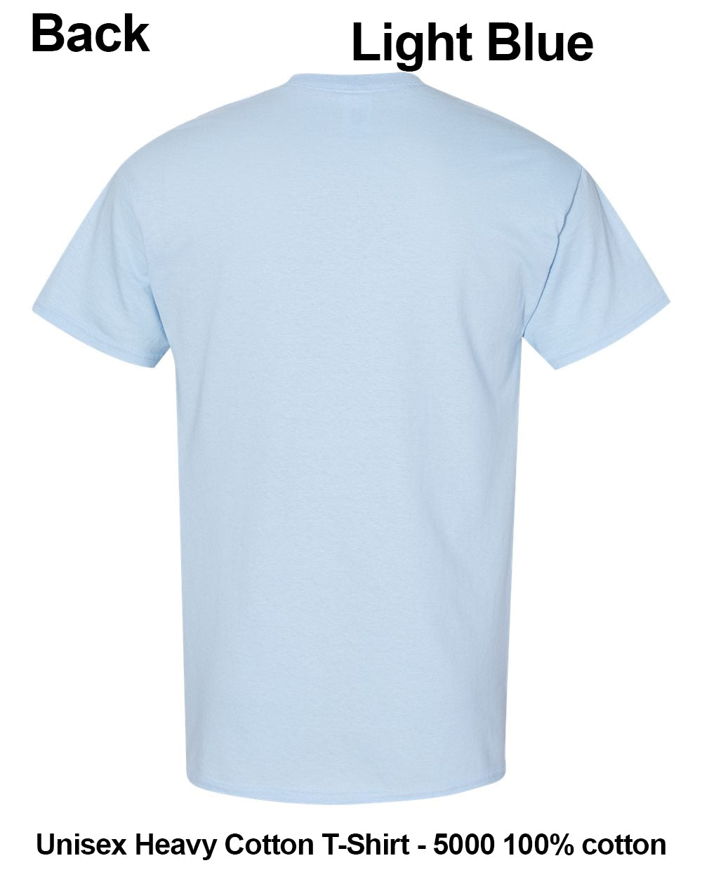 A light blue short-sleeve t-shirt shown from the back on a white background, with text labels reading 'Back' and 'Light Blue' at the top and 'Unisex Heavy Cotton T-Shirt - 5000 100% cotton' at the bottom. custom t-shirt print
