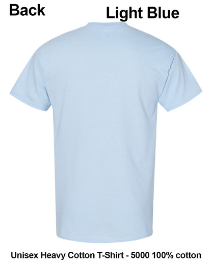 A light blue short-sleeve t-shirt shown from the back on a white background, with text labels reading 'Back' and 'Light Blue' at the top and 'Unisex Heavy Cotton T-Shirt - 5000 100% cotton' at the bottom. custom t-shirt print