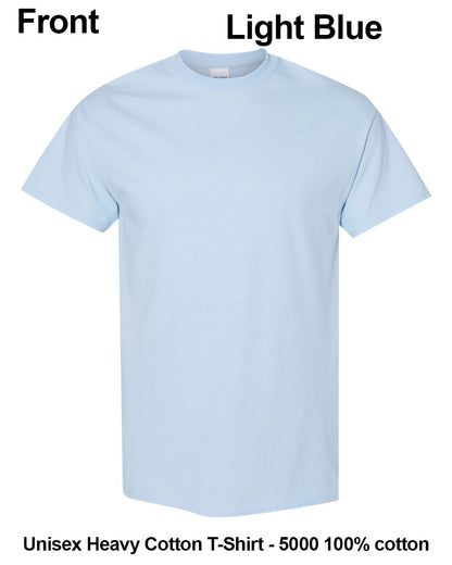 A light blue short-sleeve crewneck t-shirt shown flat against a white background, with text labels indicating 'Front' and 'Light Blue' at the top and 'Unisex Heavy Cotton T-Shirt - 5000 100% cotton' at the bottom. custom t-shirt print. custom t-shirt print