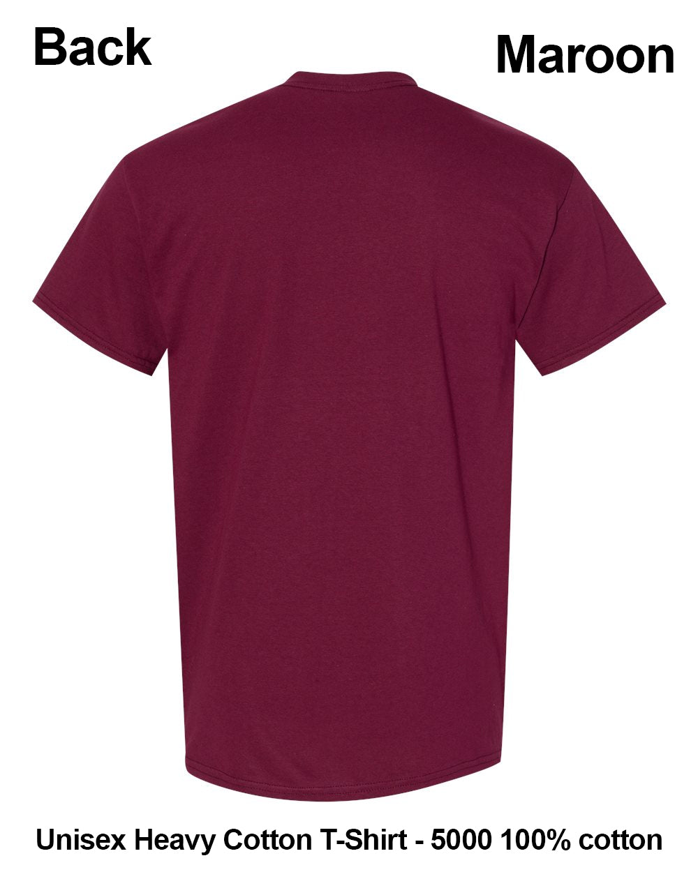 Back view of a maroon unisex heavy cotton t-shirt on a white background, with text labels indicating 'Back' and 'Maroon' and a description at the bottom. custom t-shirt print