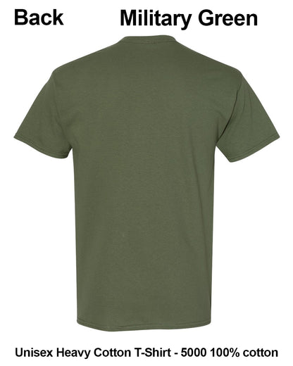 Back view of a military green short-sleeve cotton t-shirt on a white background, with text labels indicating 'Back' and 'Military Green' and product details at the bottom. custom t-shirt print