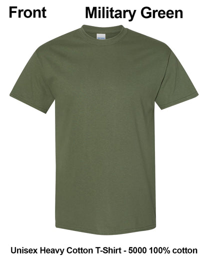 A plain military green short-sleeve crewneck t-shirt shown on a white background with text labels reading 'Front', 'Military Green', and 'Unisex Heavy Cotton T-Shirt - 5000 100% cotton'. custom t-shirt print
