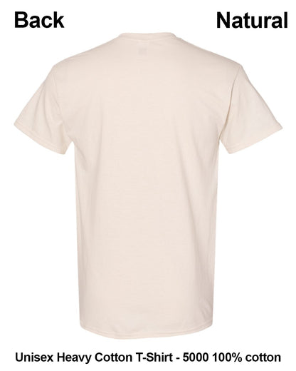 Back view of a natural unisex heavy cotton t-shirt on a white background, with text labels 'Back' and 'Natural' at the top and product details at the bottom. custom t-shirt print