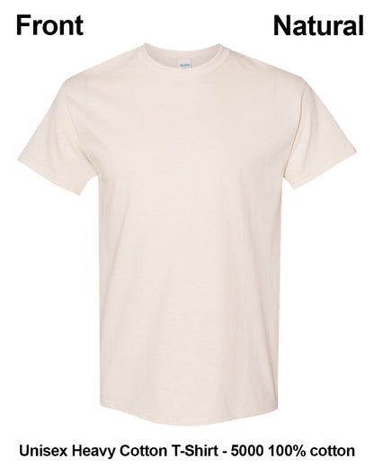 A plain short-sleeve crewneck t-shirt in a light natural off-white color, shown from the front on a white background with text overlays indicating 'Front', 'Natural', and 'Unisex Heavy Cotton T-Shirt - 5000 100% cotton'. custom t-shirt print
