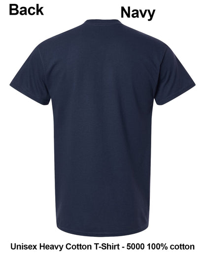 Back view of a navy blue short-sleeve crewneck t-shirt on a white background, with text labels 'Back' and 'Navy' and product details at the bottom. custom t-shirt print