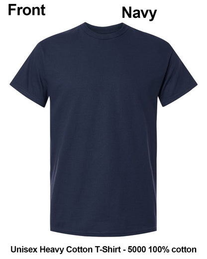 A navy blue short-sleeve crewneck t-shirt shown against a plain white background, with text labels indicating 'Front' and 'Navy' at the top and 'Unisex Heavy Cotton T-Shirt - 5000 100% cotton' at the bottom. custom t-shirt print
