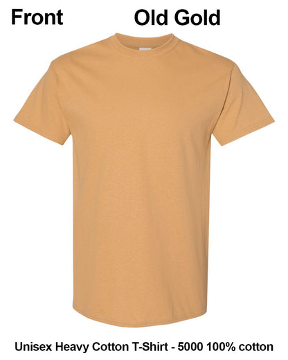 A plain short-sleeve crewneck t-shirt in a warm tan/camel color, labeled 'Front' and 'Old Gold' with text indicating it is a unisex heavy cotton t-shirt made of 100% cotton. custom t-shirt print