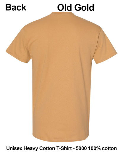 Back view of a short-sleeve cotton T-shirt in 'Old Gold' color, displayed on a white background with text labels. custom t-shirt print