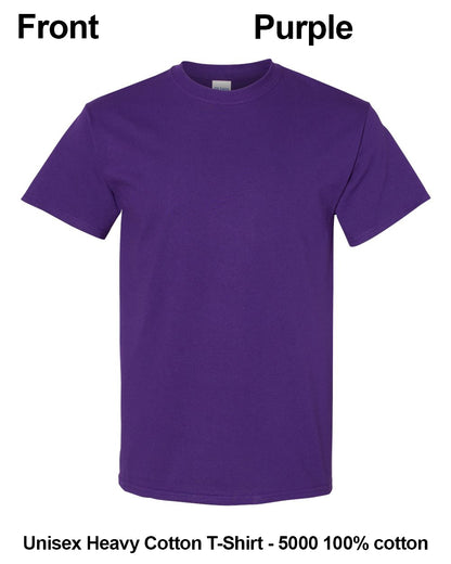 A purple short-sleeve crewneck t-shirt shown flat against a white background, with text labels reading 'Front' and 'Purple' at the top and 'Unisex Heavy Cotton T-Shirt - 5000 100% cotton' at the bottom. custom t-shirt print