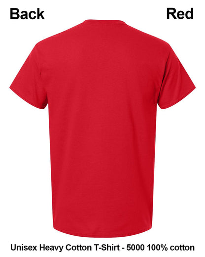 A red short-sleeve cotton t-shirt shown from the back on a white background, with text labels reading 'Back' and 'Red' at the top and 'Unisex Heavy Cotton T-Shirt - 5000 100% cotton' at the bottom. custom t-shirt print
