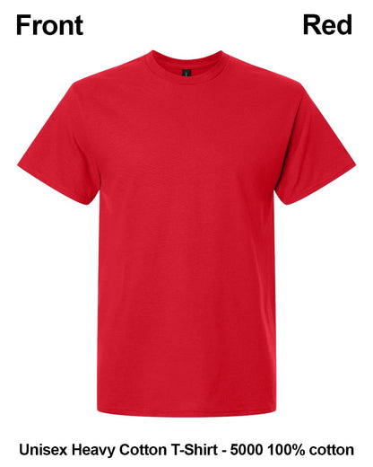 A red short-sleeve crewneck t-shirt shown from the front on a white background, with text labels 'Front' and 'Red' at the top and 'Unisex Heavy Cotton T-Shirt - 5000 100% cotton' at the bottom. custom t-shirt print