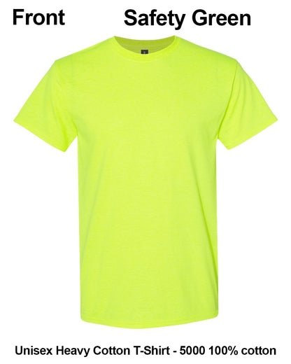 A bright safety green short-sleeve crewneck t-shirt shown flat against a white background, with text labels indicating 'Front' and 'Safety Green' at the top and 'Unisex Heavy Cotton T-Shirt - 5000 100% cotton' at the bottom. custom t-shirt print