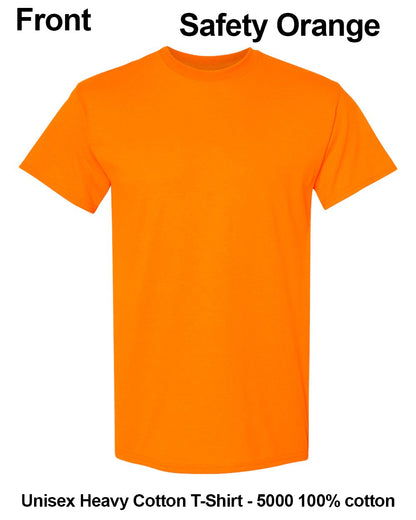 A bright safety orange short-sleeve crewneck t-shirt shown flat against a white background, with text labels indicating 'Front' and 'Safety Orange' at the top and 'Unisex Heavy Cotton T-Shirt - 5000 100% cotton' at the bottom. custom t-shirt print